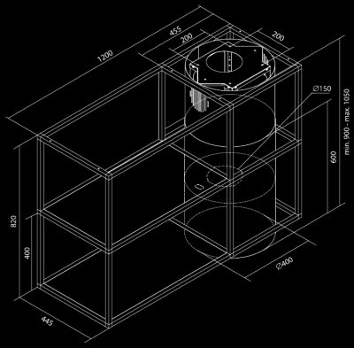 Витяжка острівна Tubo Cage Asymmetric Glass Black Matt - Чорний мат - Rysunek techniczny