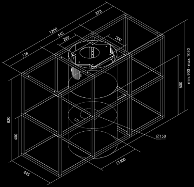 Витяжка острівна Tubo Cage Central Glass Black Matt - Чорний мат - Rysunek techniczny