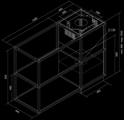 Витяжка острівна Quadro Cage Asymmetric Glass Black Matt - Чорний мат - Rysunek techniczny