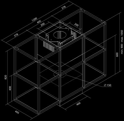 Витяжка острівна Quadro Cage Central Glass Black Matt - Чорний мат - Rysunek techniczny