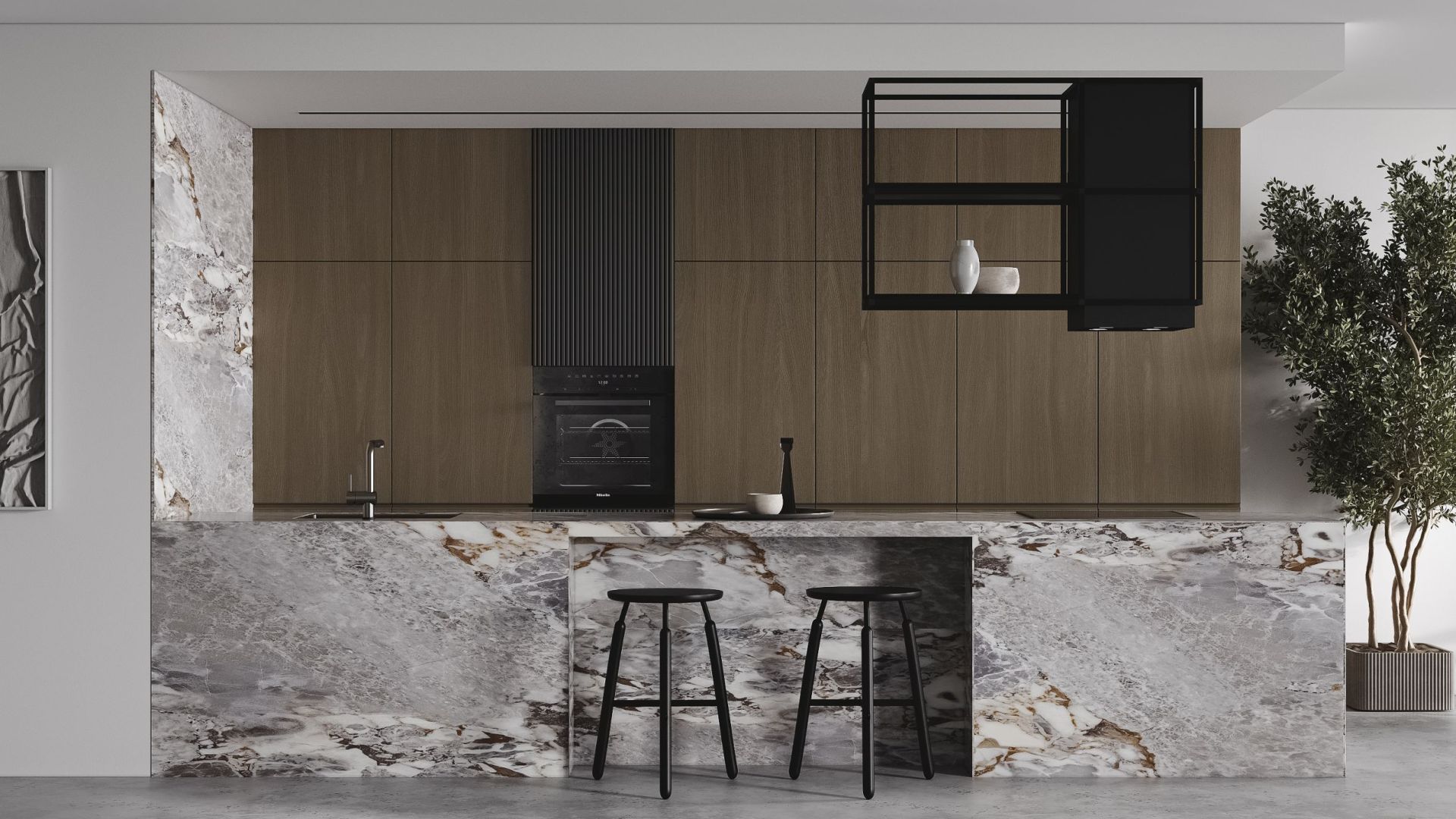 Витяжка острівна Quadro Cage Asymmetric Glass Black Matt - Чорний мат - Візуалізації