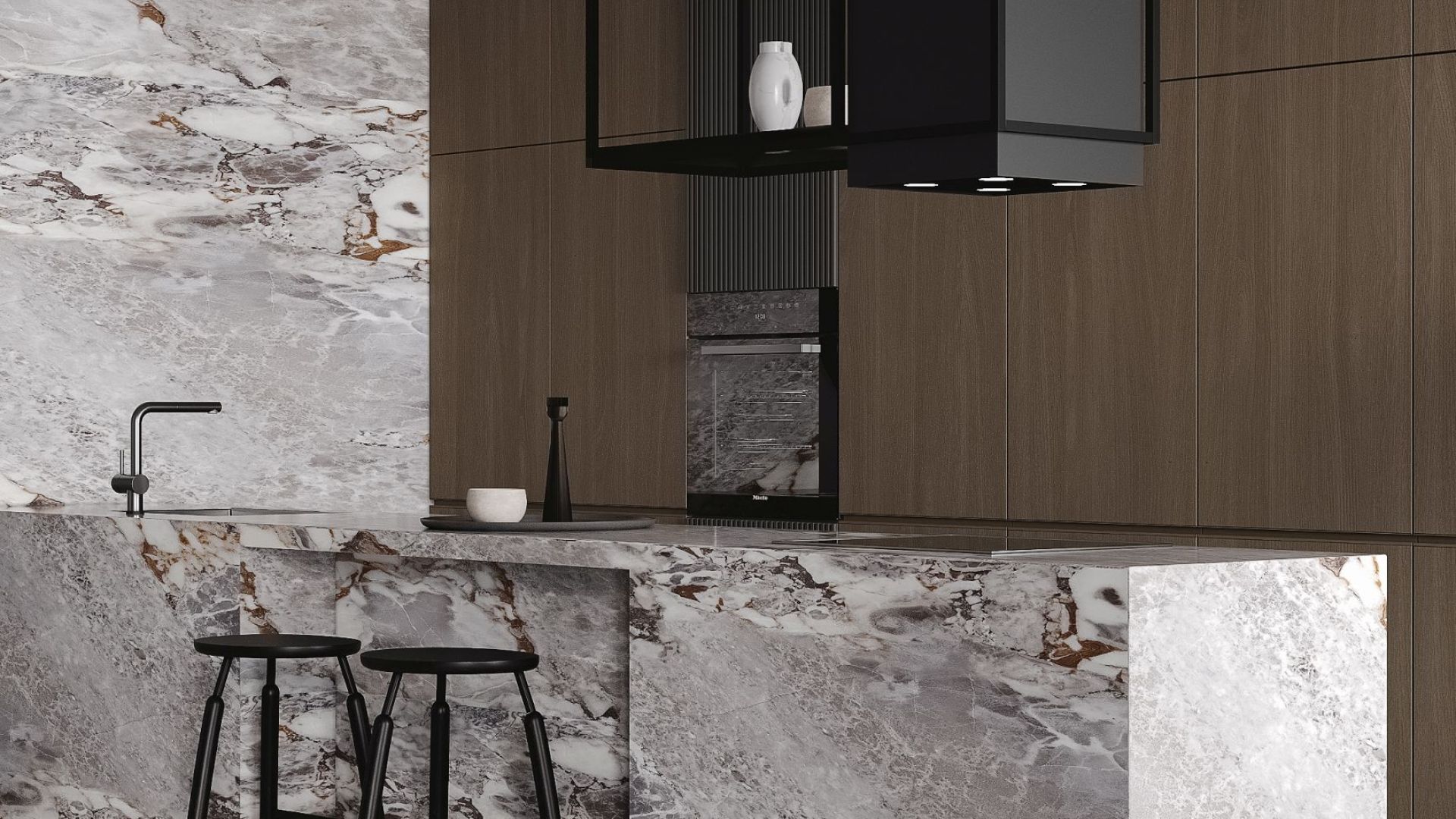 Витяжка острівна Quadro Cage Asymmetric Glass Black Matt - Чорний мат - Візуалізації 6