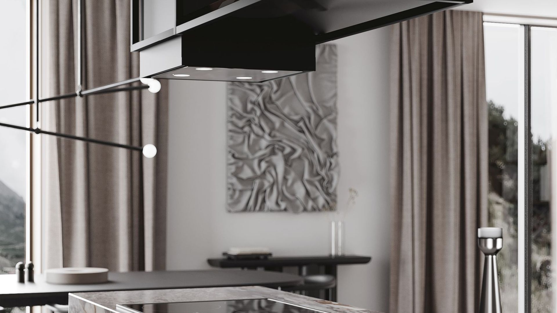 Витяжка острівна Quadro Cage Asymmetric Glass Black Matt - Чорний мат - Візуалізації 3