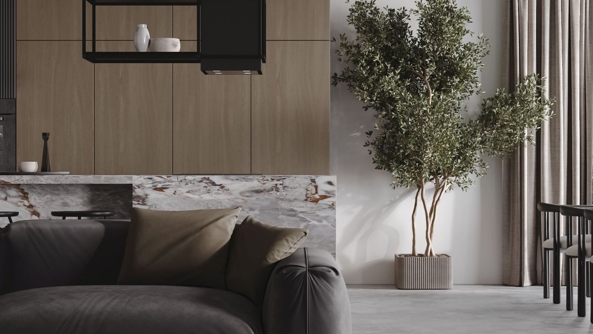 Витяжка острівна Quadro Cage Asymmetric Glass Black Matt - Чорний мат - Візуалізації 4