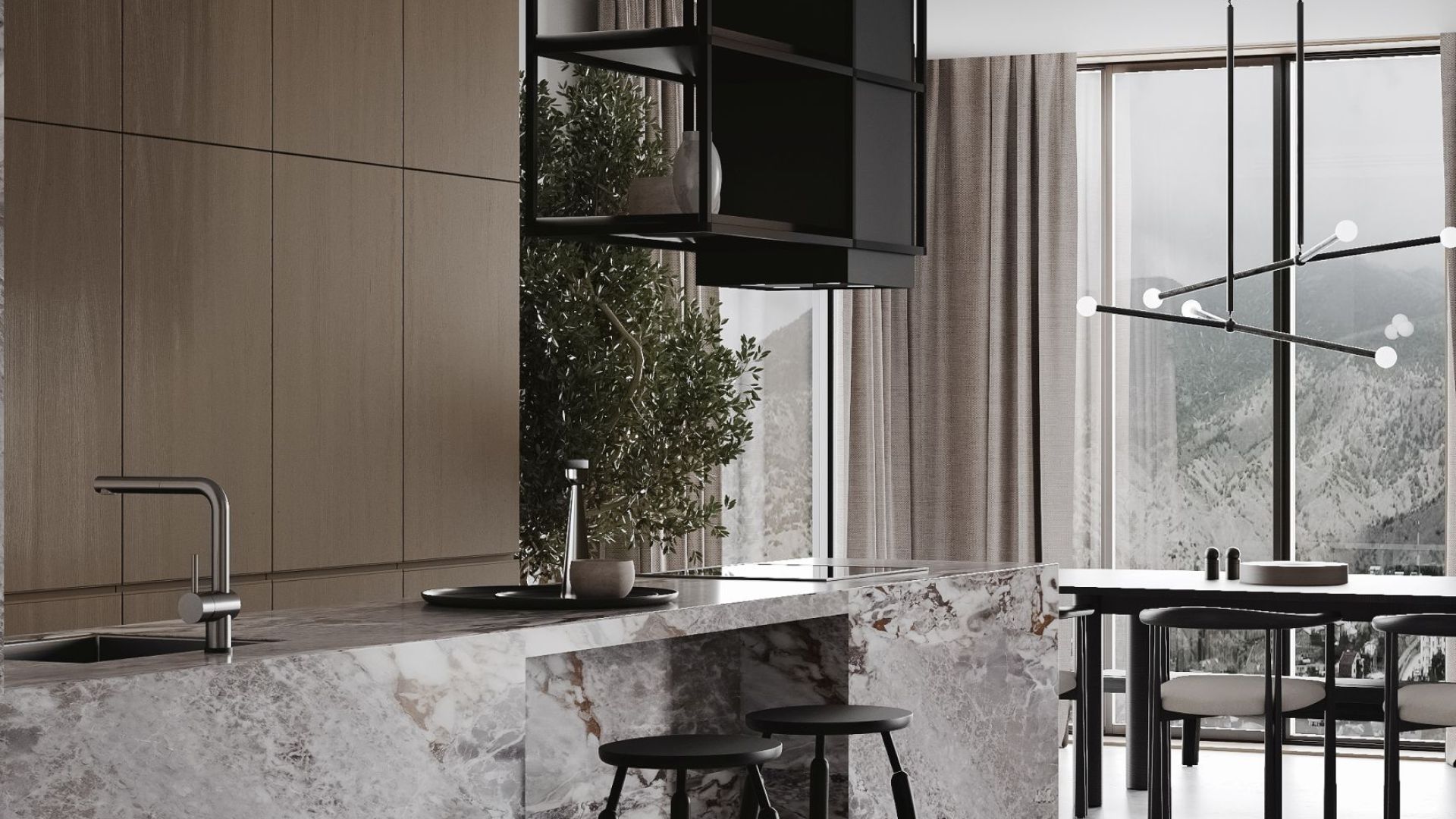 Витяжка острівна Quadro Cage Asymmetric Glass Black Matt - Чорний мат - Візуалізації 8