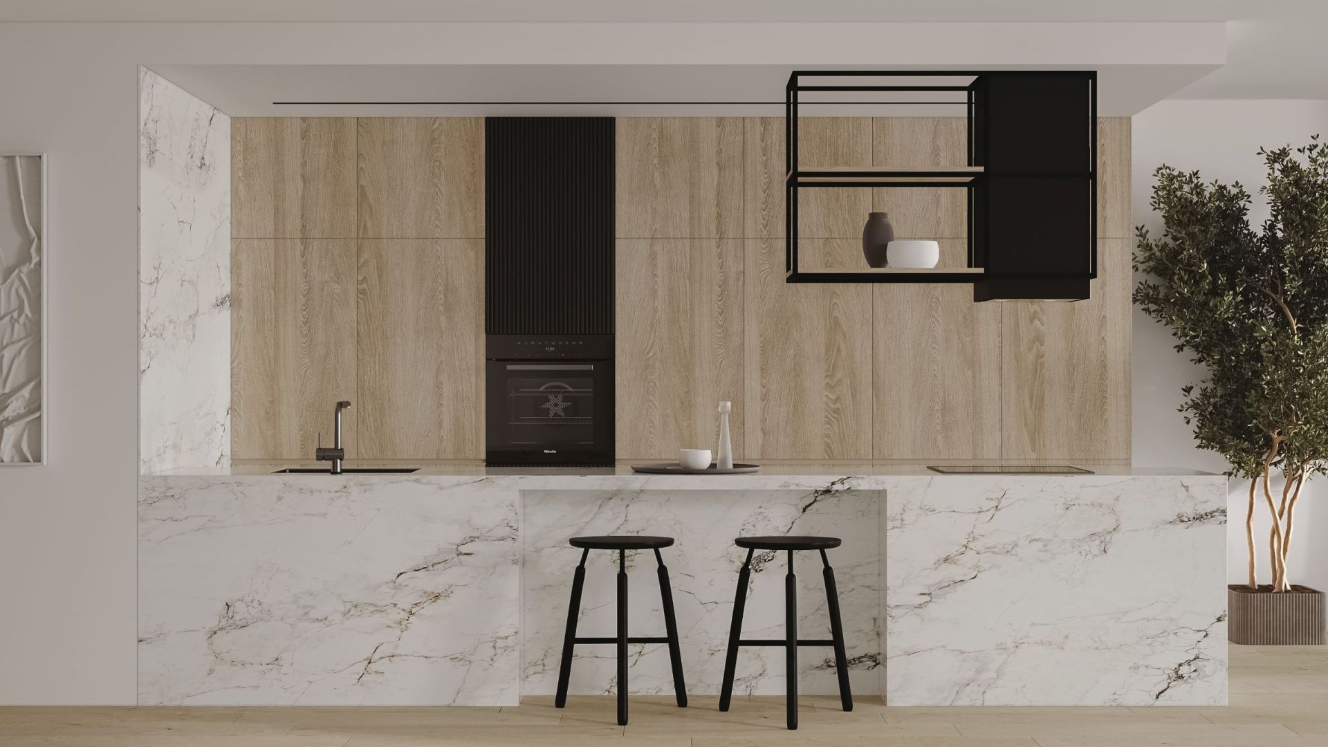 Витяжка острівна Quadro Cage Asymmetric Wood Black Matt - Чорний мат - Візуалізації