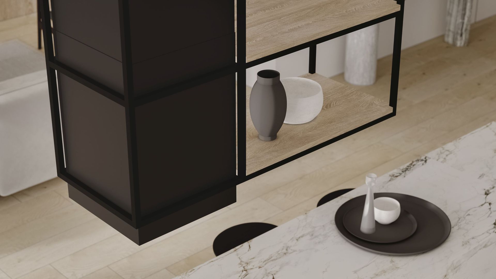 Витяжка острівна Quadro Cage Asymmetric Wood Black Matt - Чорний мат - Візуалізації 2