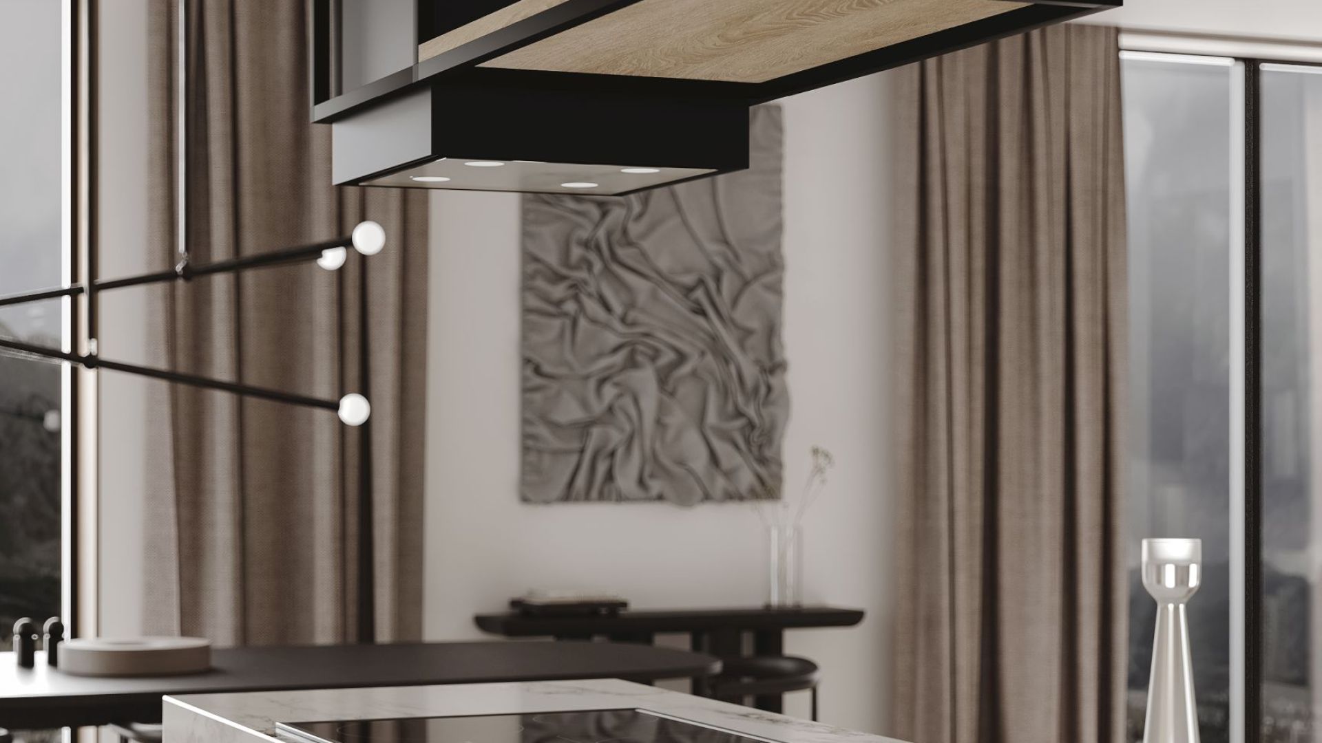 Витяжка острівна Quadro Cage Asymmetric Wood Black Matt - Чорний мат - Візуалізації 3