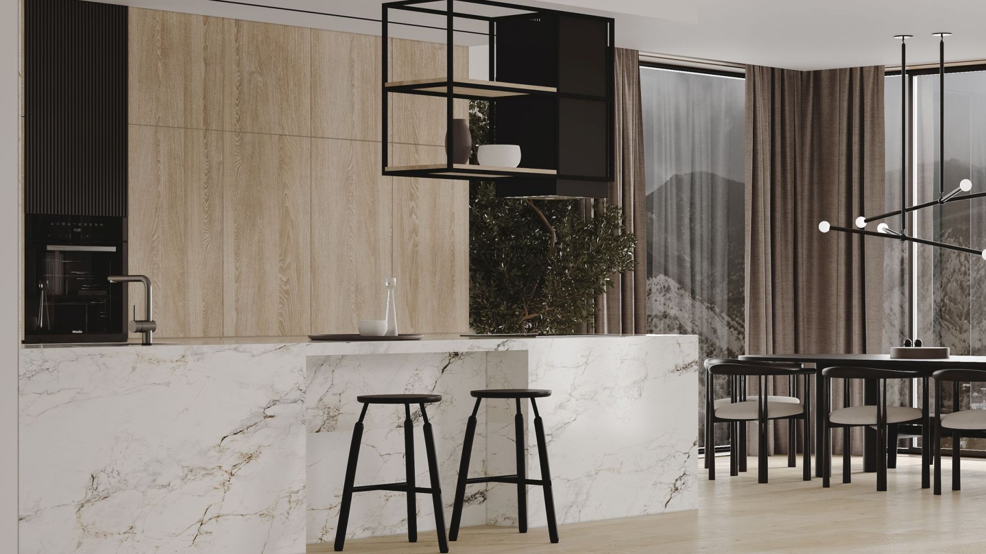 Витяжка острівна Quadro Cage Asymmetric Wood Black Matt - Чорний мат - Візуалізації 4