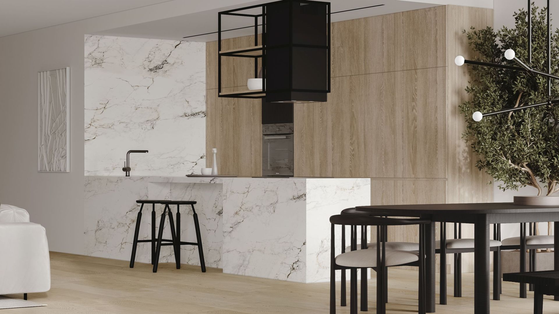 Витяжка острівна Quadro Cage Asymmetric Wood Black Matt - Чорний мат - Візуалізації 6